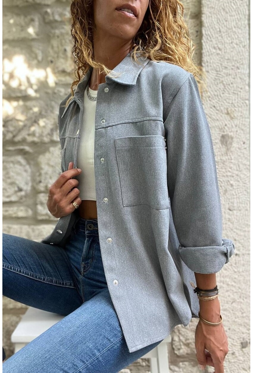 Kadın Gri Gabardin Çift Cep Çıtçıtlı Gömlek Ceket Bst3454