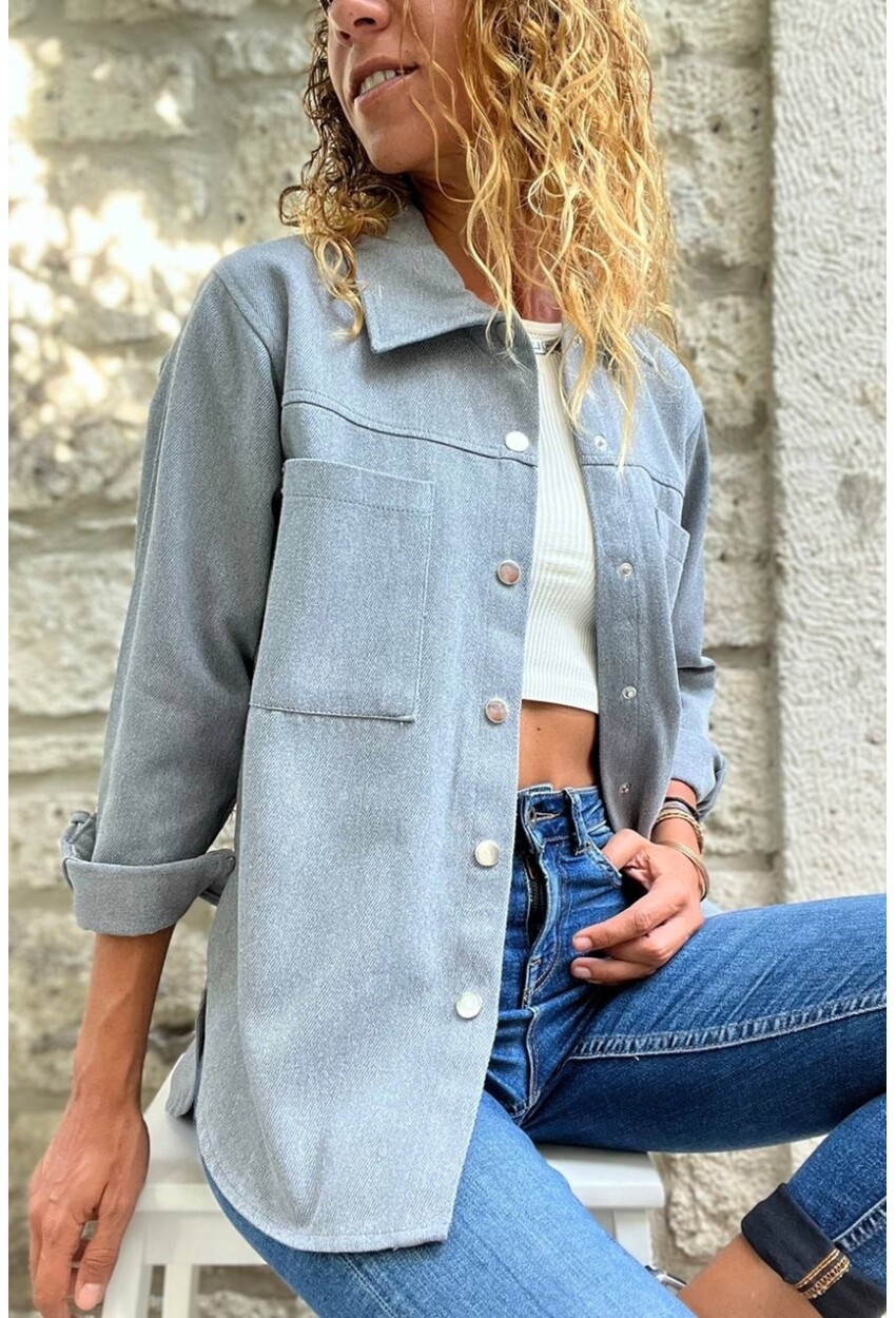 Kadın Gri Gabardin Çift Cep Çıtçıtlı Gömlek Ceket Bst3454