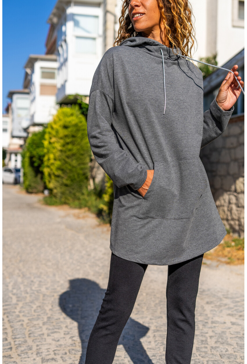 Kadın Gri Kapüşonlu Kanguru Cep Uzun Salaş Sweatshirt Bst3476