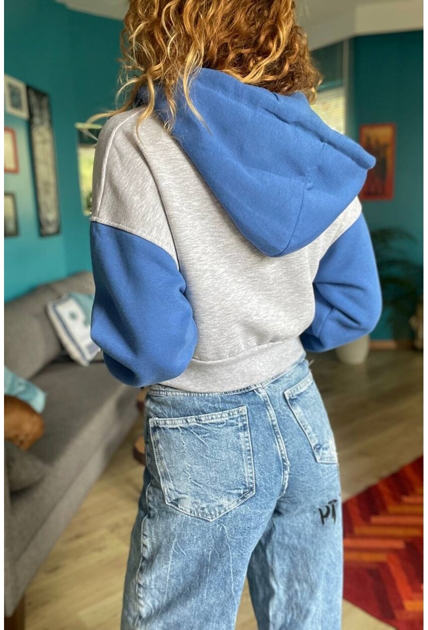 Kadın Gri-Mavi Kapüşonlu Fermuarlı Garnili Üç İplik Crop Sweatshirt Son3
