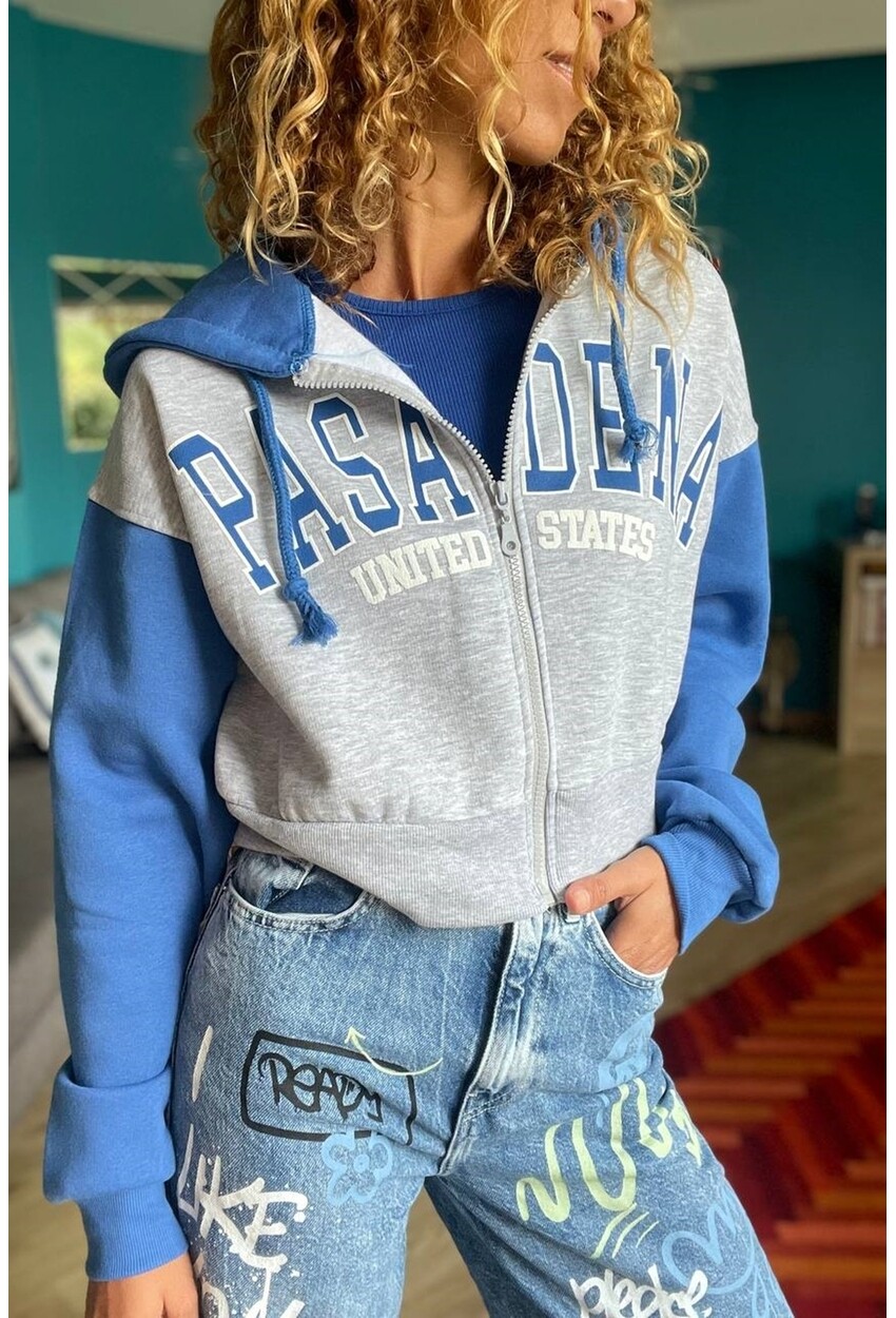 Kadın Gri-Mavi Kapüşonlu Fermuarlı Garnili Üç İplik Crop Sweatshirt Son3