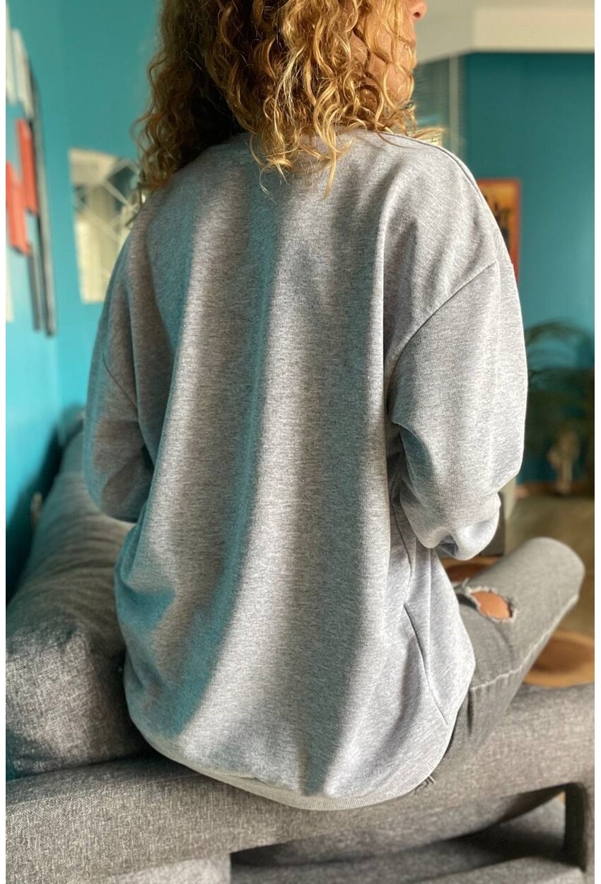 Kadın Gri O Yaka İki İplik Salaş Basic Sweatshirt Vl2