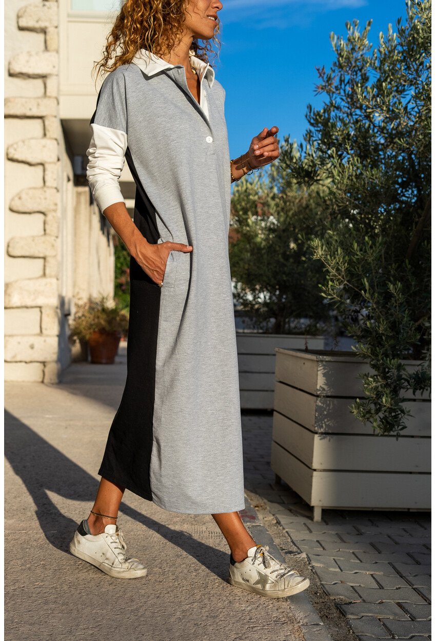 Womens Gray Polo Collar Color Block Long Loose Tracksuit Dress GK-TD2014