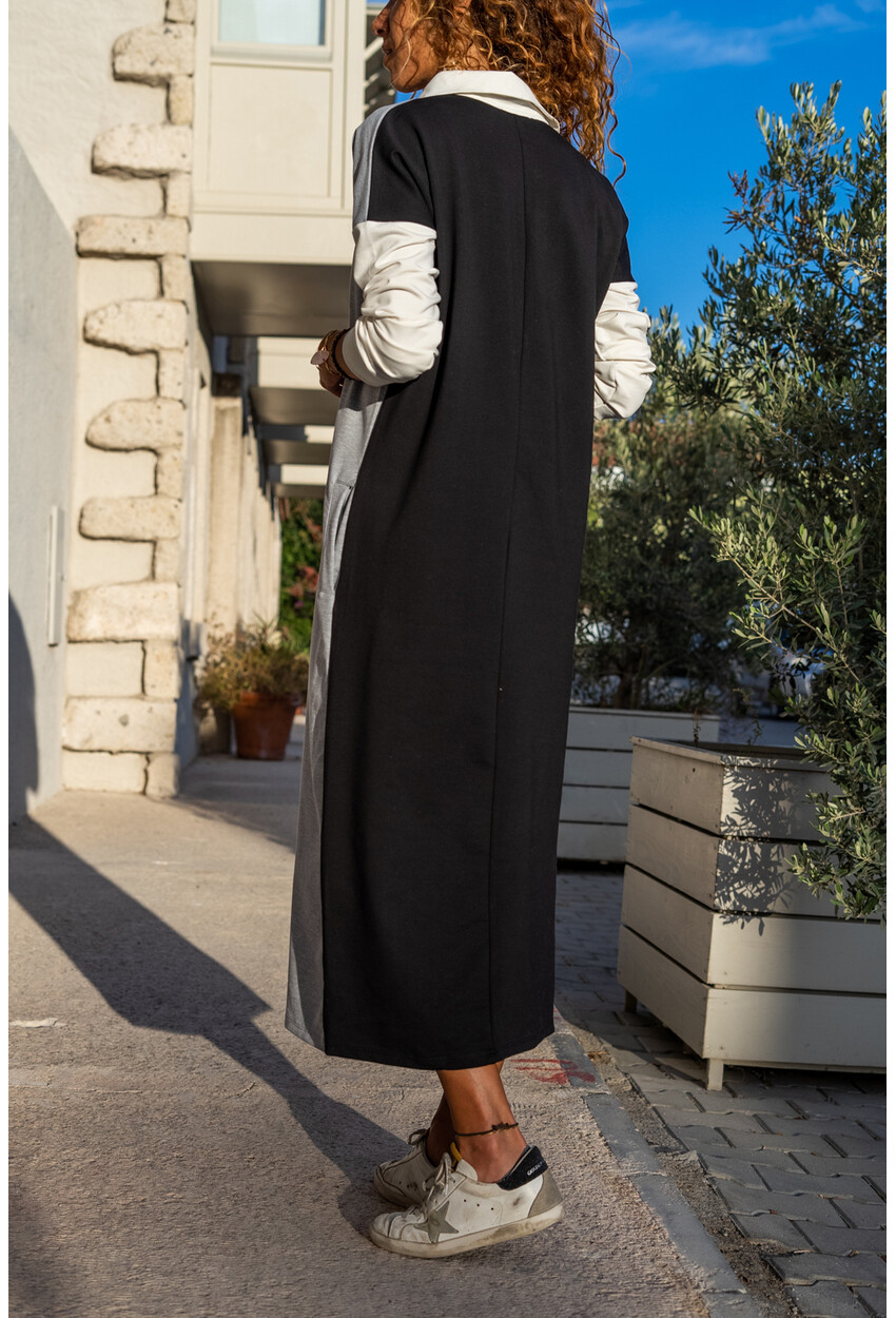 Womens Gray Polo Collar Color Block Long Loose Tracksuit Dress GK-TD2014