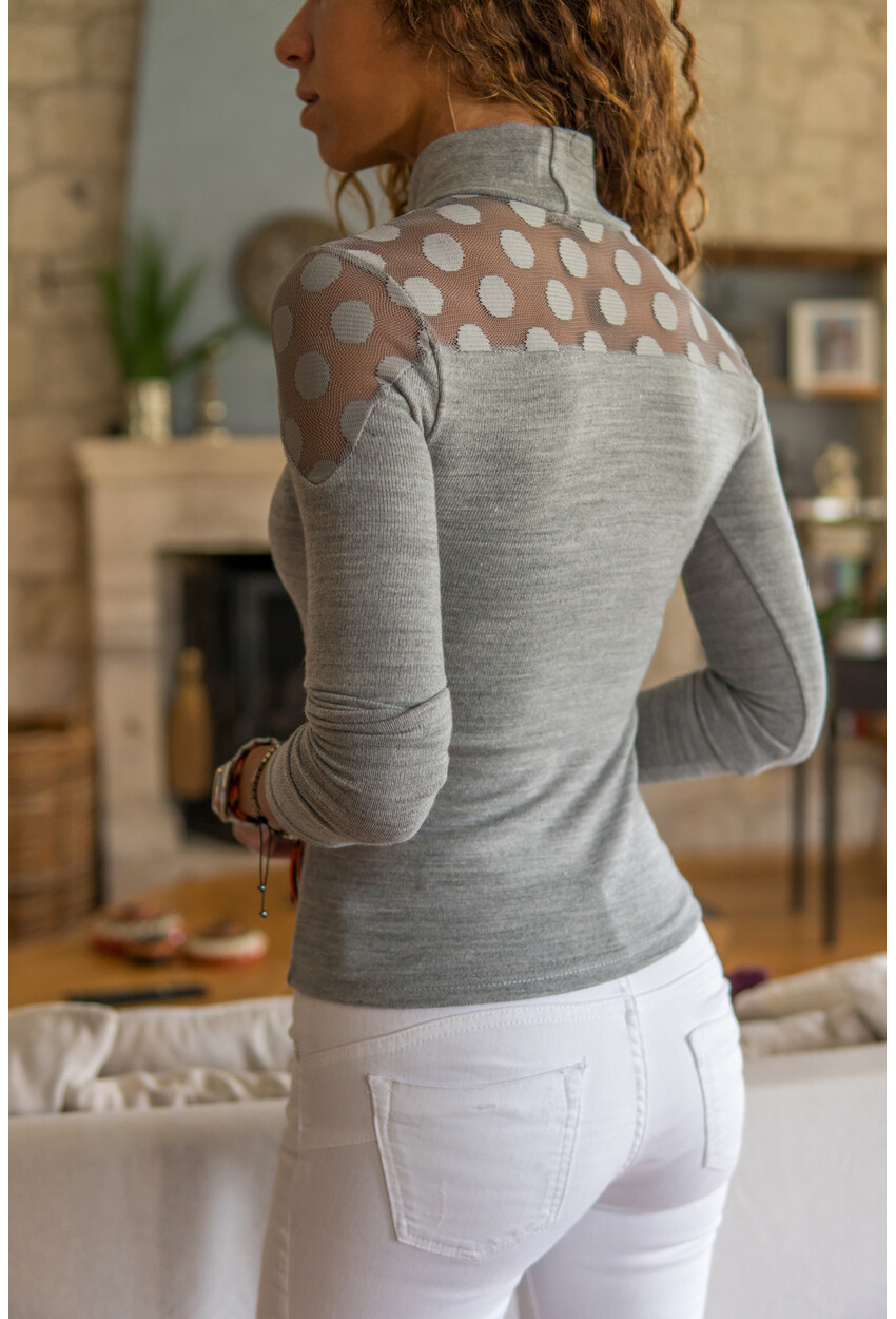 Womens Gray Polka Dot Tulle Garnish Slim Knitted Blouse GK-MSS101