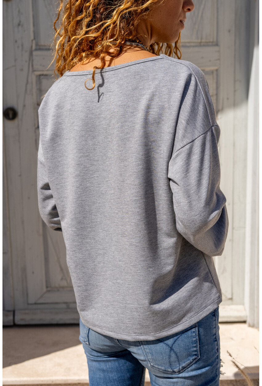 Kadın Gri Yakası Yırtmaçlı Duble Kol Salaş Sweatshirt Bst3470