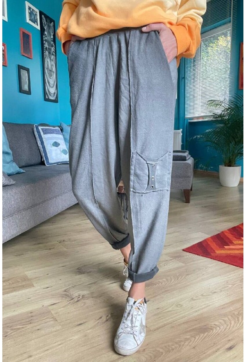 Kadın Gri Yıkamalı Beli Lastikli Cepli Zımba Detaylı Salaş Şalvar Pantolon Rsd3062