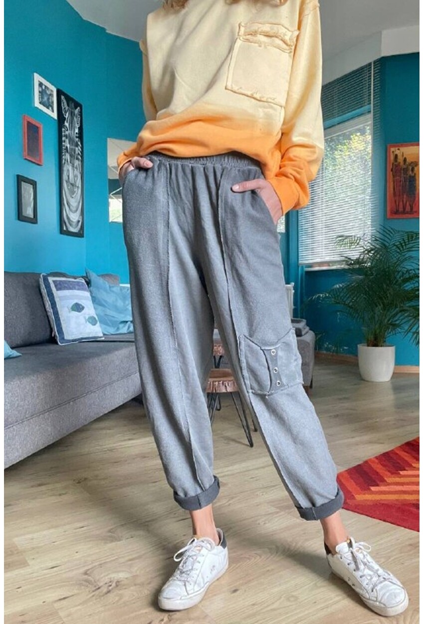 Kadın Gri Yıkamalı Beli Lastikli Cepli Zımba Detaylı Salaş Şalvar Pantolon Rsd3062