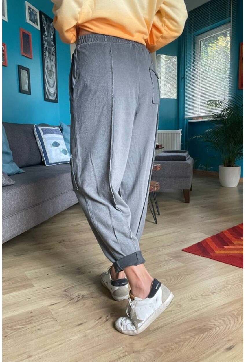 Kadın Gri Yıkamalı Beli Lastikli Cepli Zımba Detaylı Salaş Şalvar Pantolon Rsd3062
