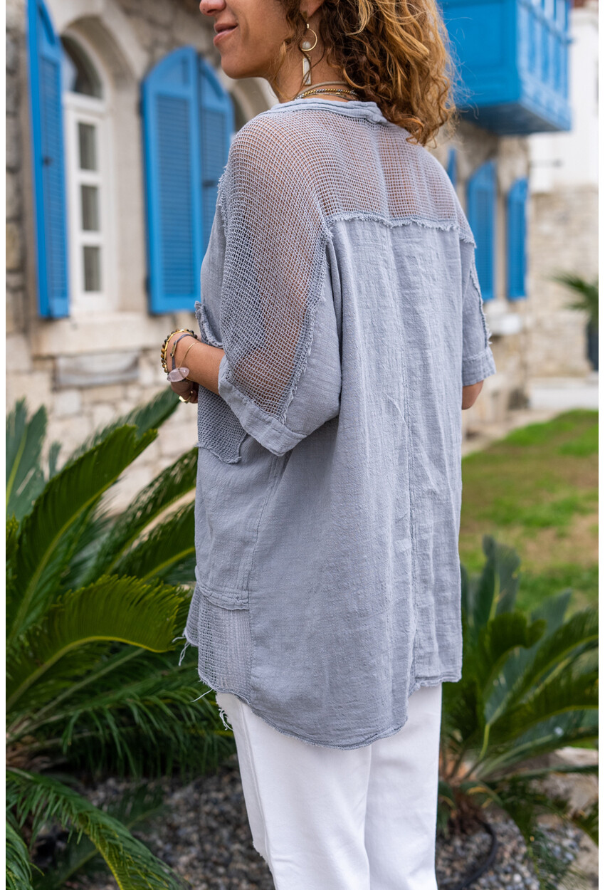 Womens Gray Washed Linen Collar Slit Mesh Detailed Loose Blouse RSD2081