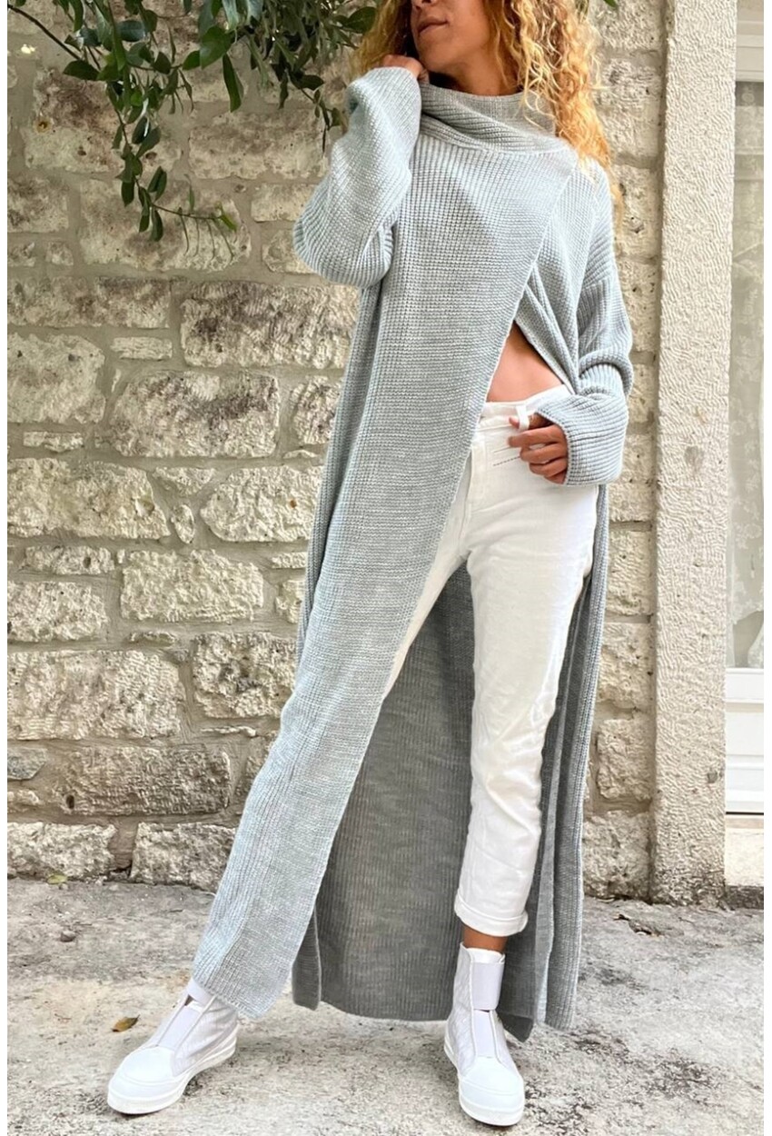 Kadın Gri Yırtmaçlı Salaş Uzun Panço Elbise Cck95007