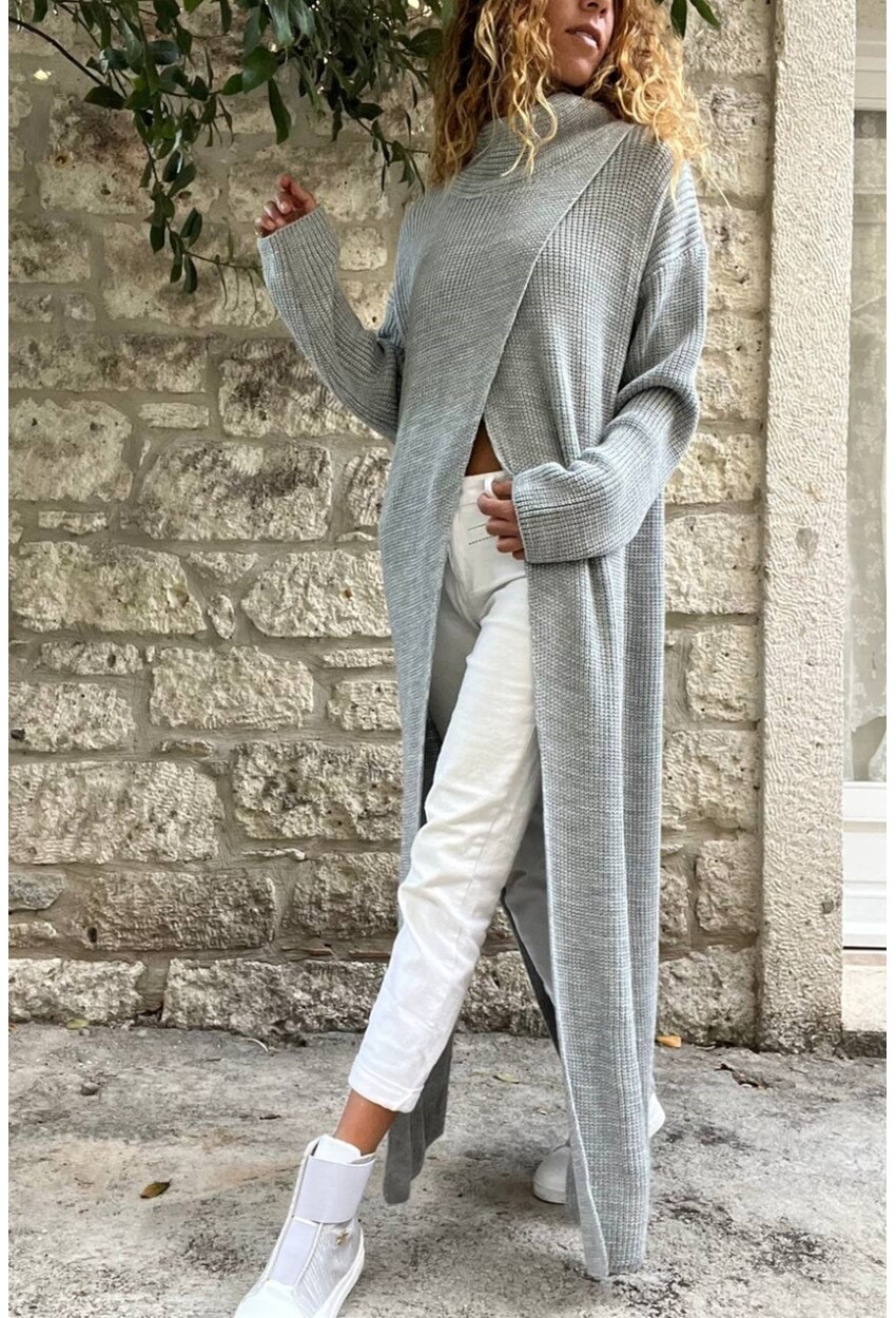 Kadın Gri Yırtmaçlı Salaş Uzun Panço Elbise Cck95007