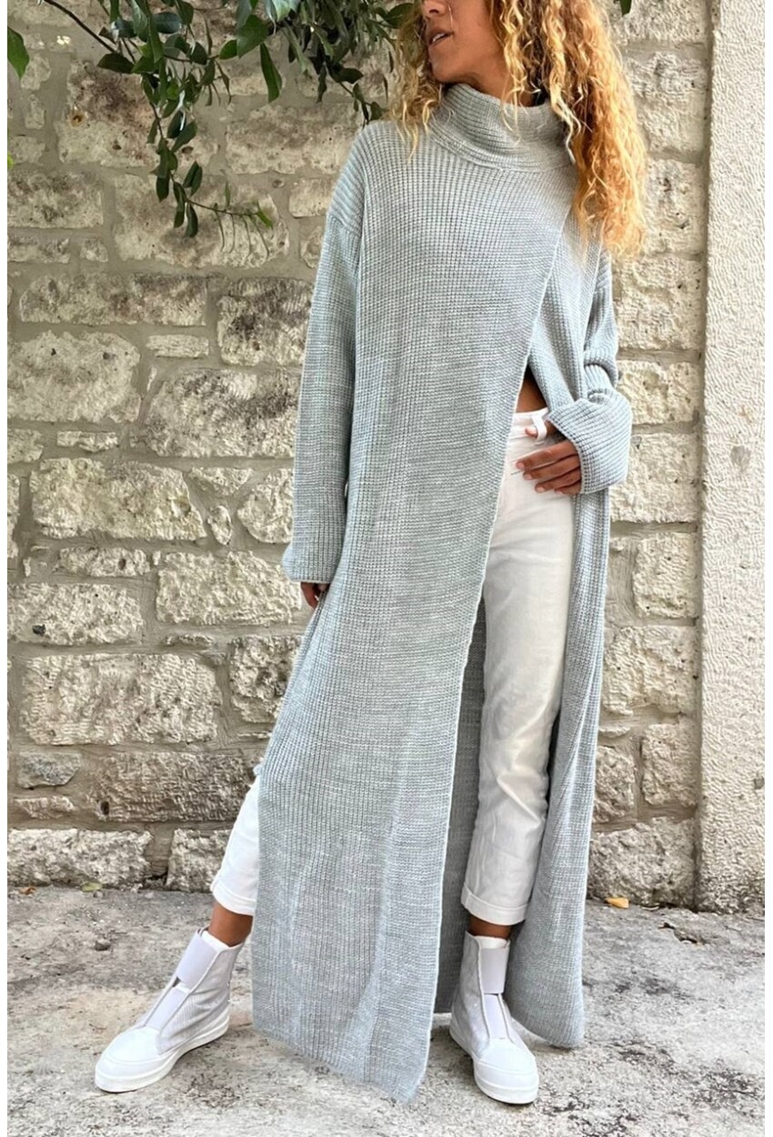Kadın Gri Yırtmaçlı Salaş Uzun Panço Elbise Cck95007
