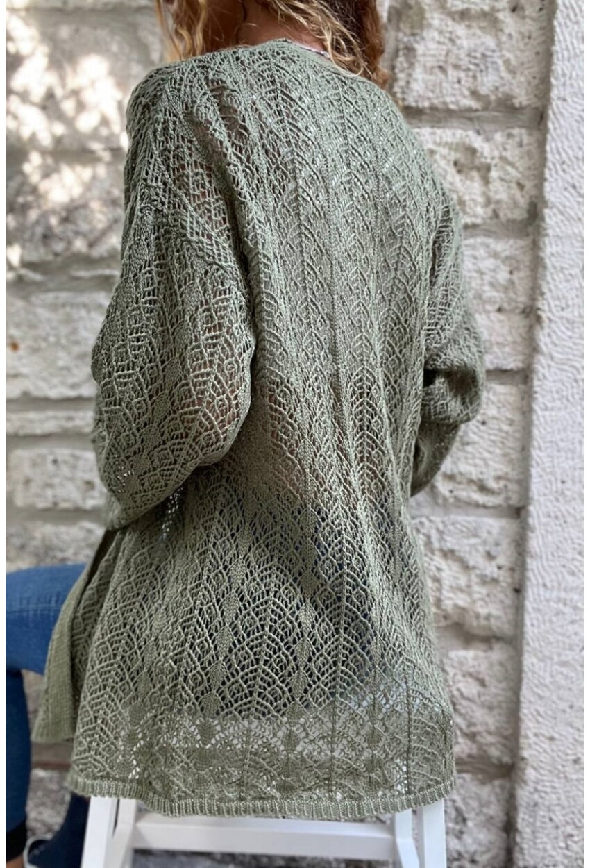 Kadın Haki Ajurlu Uzun Salaş Hırka Cckak3020