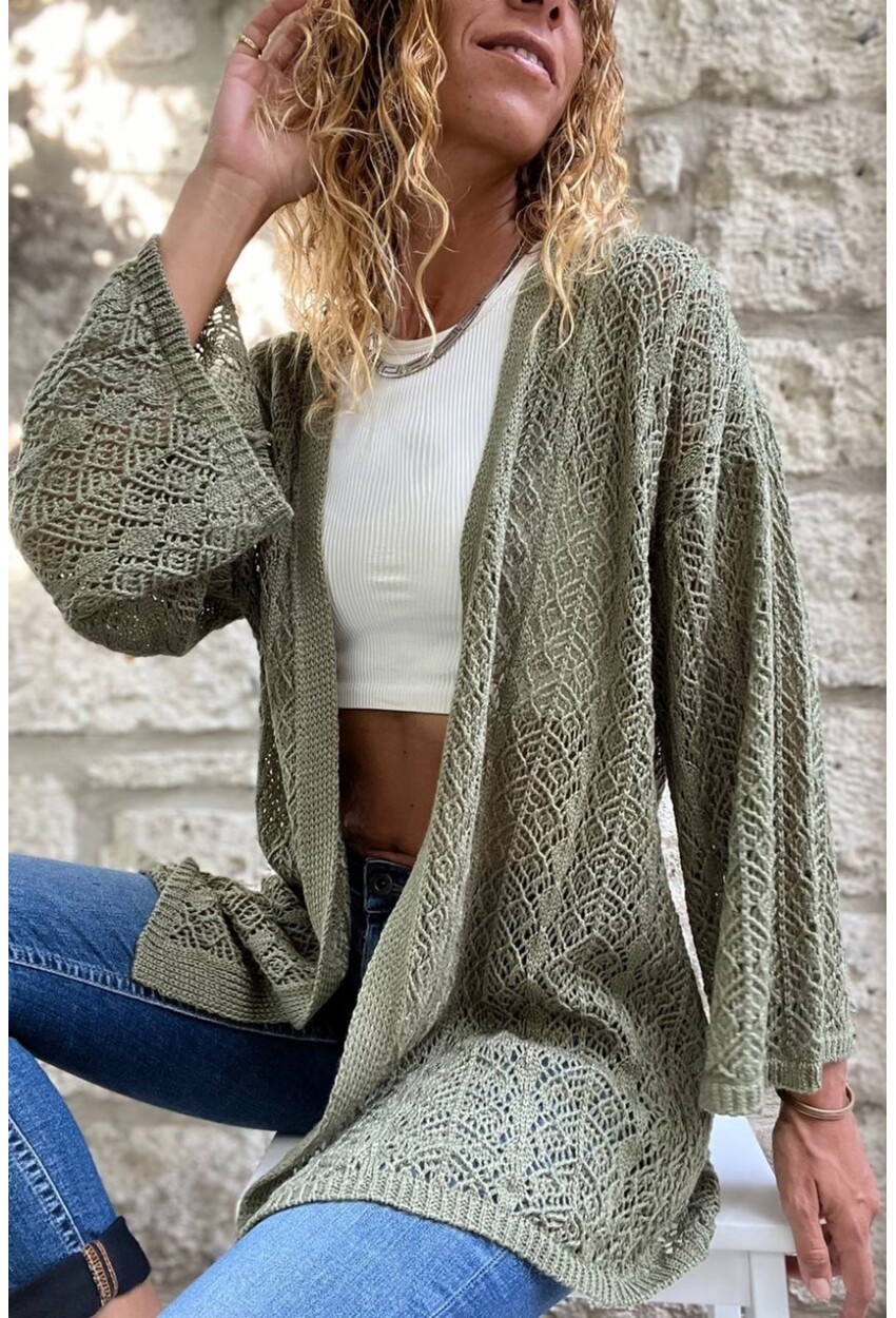 Kadın Haki Ajurlu Uzun Salaş Hırka Cckak3020