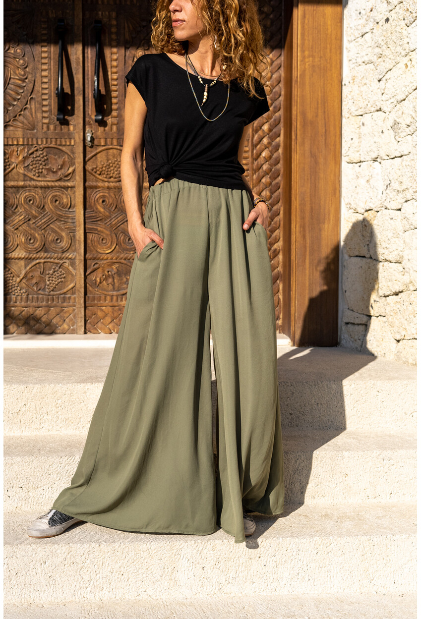 Womens Khaki Waist Elastic Pocket Wide Leg Crepe Trousers BST3222