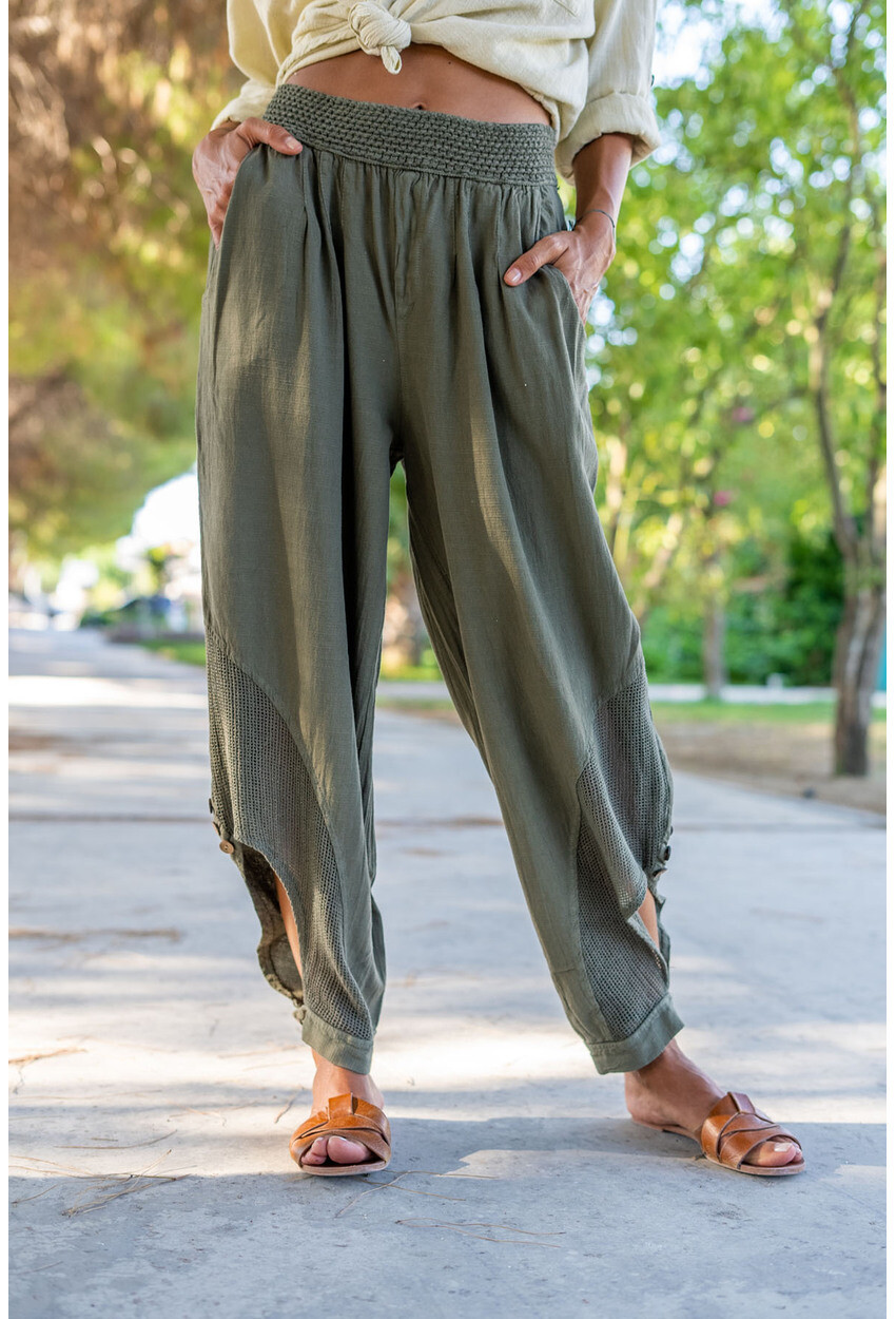 Haki Beli Lastikli Paçası Düğmeli Fileli Keten Şalvar Pantolon Rsd3038 96 59