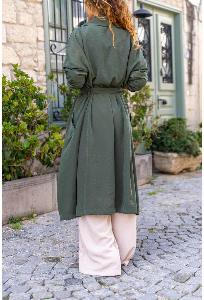 Kadın Haki Ceket Yaka Düğmeli Cepli Kendinden Kemerli Salaş İnce Trençkot Bst3335