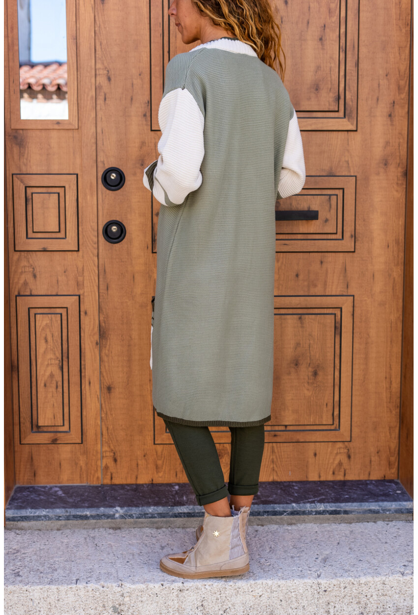 Kadın Haki Color Block Garnili Cepli Uzun Salaş Hırka Cck95013