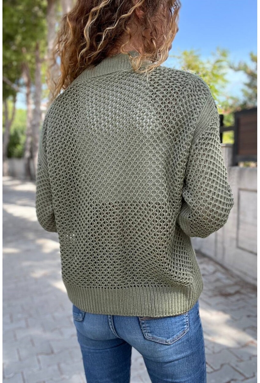 Kadın Haki Düğmeli Ajurlu Salaş Hırka Cck95009