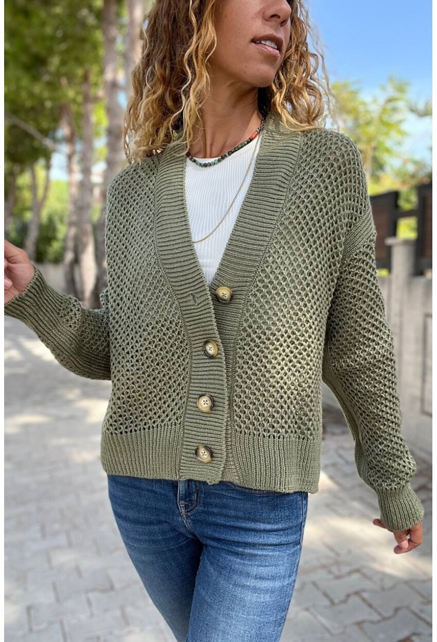 Kadın Haki Düğmeli Ajurlu Salaş Hırka Cck95009