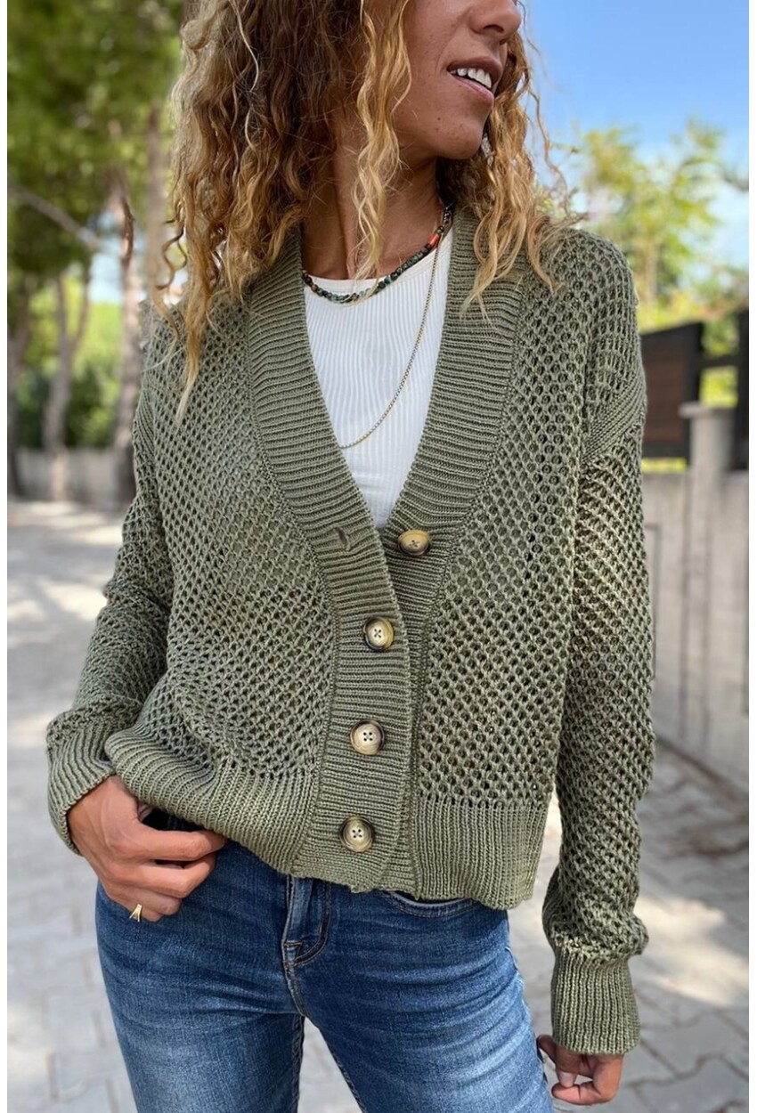 Kadın Haki Düğmeli Ajurlu Salaş Hırka Cck95009