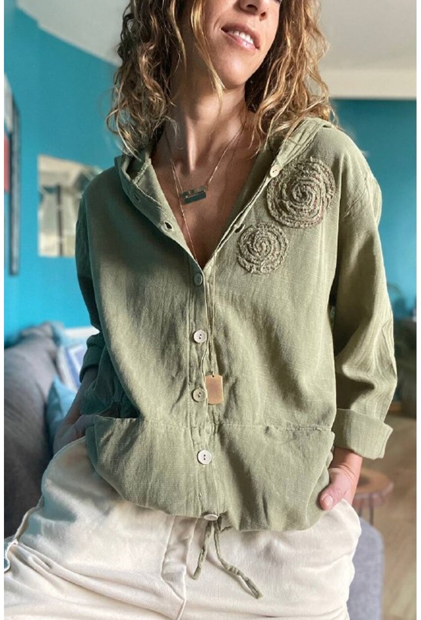 Kadın Haki Düş Kapanı Desenli Kapüşonlu Cepli Düğmeli Eteği Bağlamalı Yıkamalı Sweatshirt Rsd3059