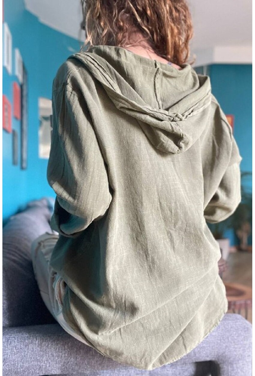 Kadın Haki Düş Kapanı Desenli Kapüşonlu Cepli Düğmeli Eteği Bağlamalı Yıkamalı Sweatshirt Rsd3059