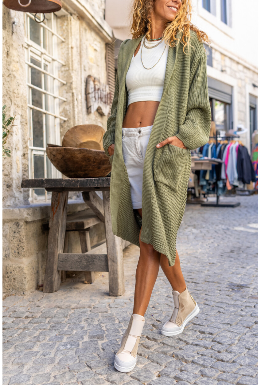 Kadın Haki Kapüşonlu Cepli Uzun Salaş Hırka Cck95000