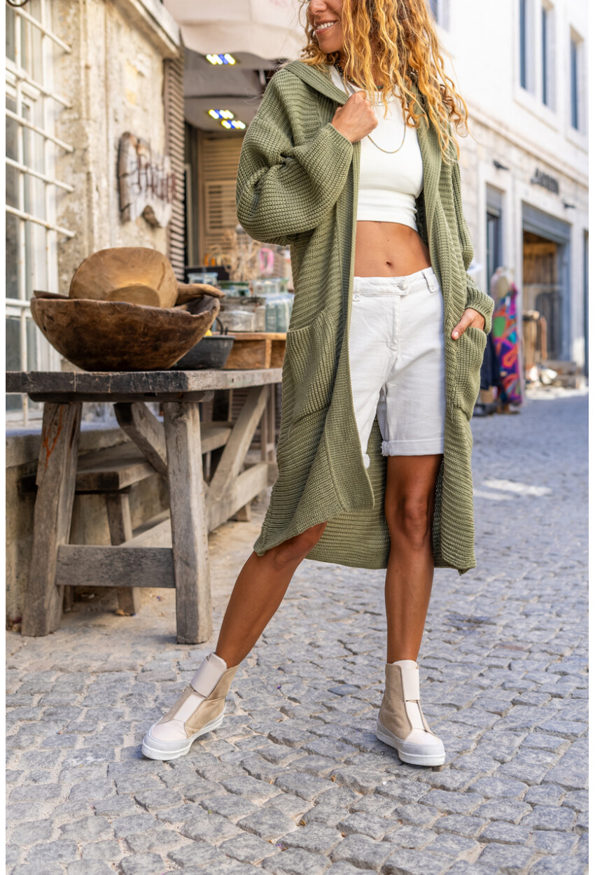 Kadın Haki Kapüşonlu Cepli Uzun Salaş Hırka Cck95000