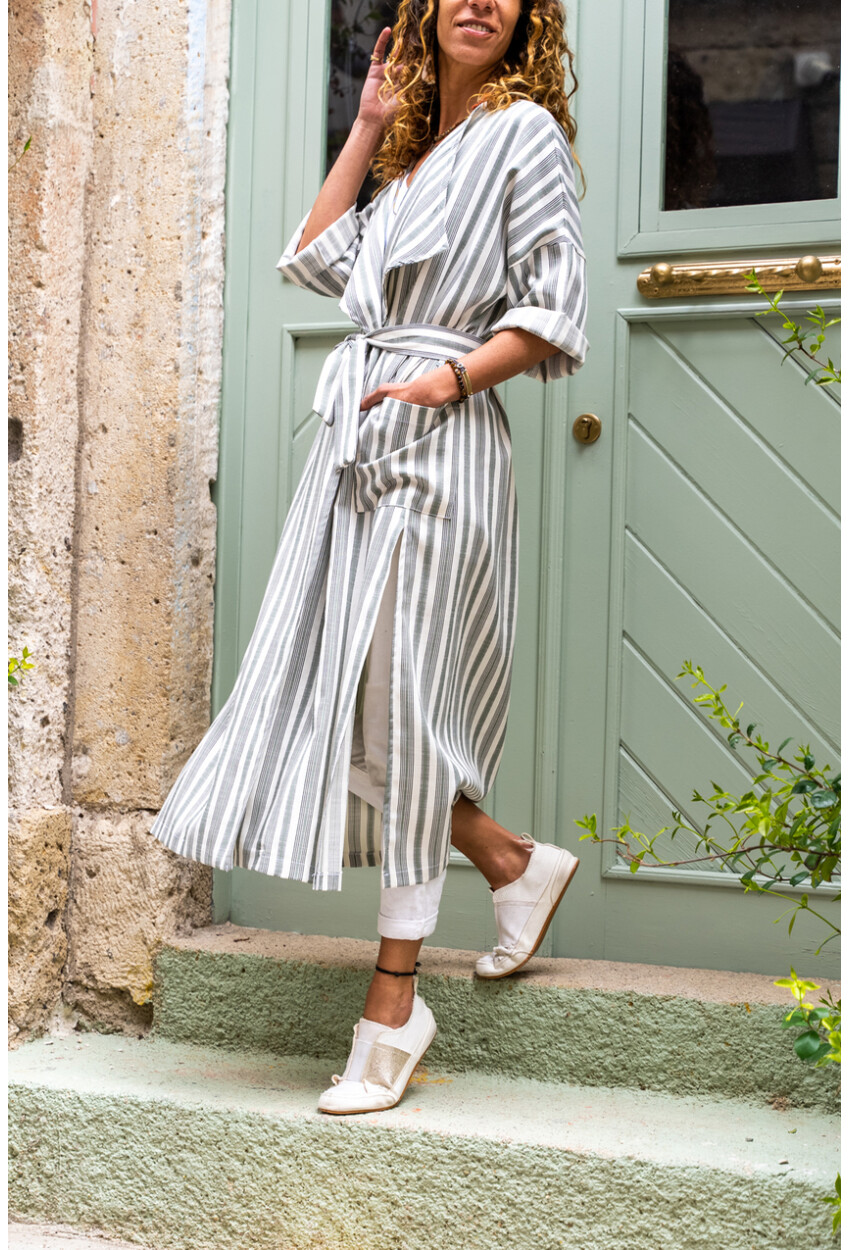 Kadın Haki Keten Şal Yaka Cepli Kendinden Kuşaklı Çizgili Kimono Elbise BST3373