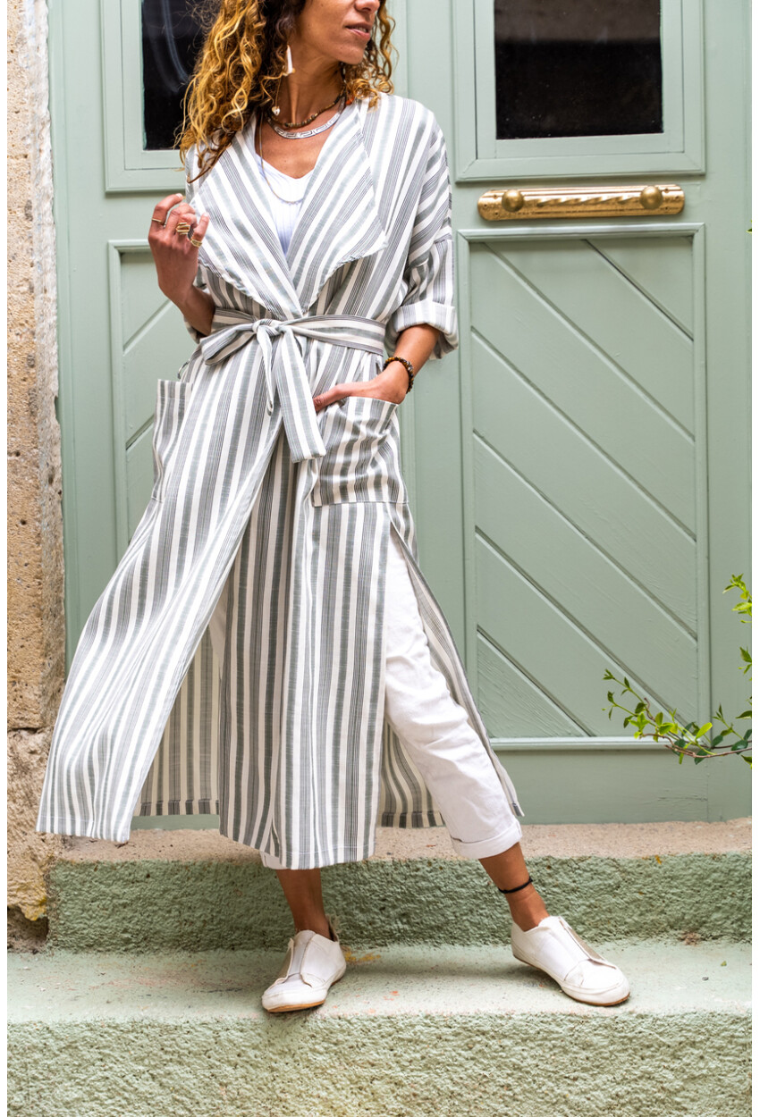 Kadın Haki Keten Şal Yaka Cepli Kendinden Kuşaklı Çizgili Kimono Elbise BST3373
