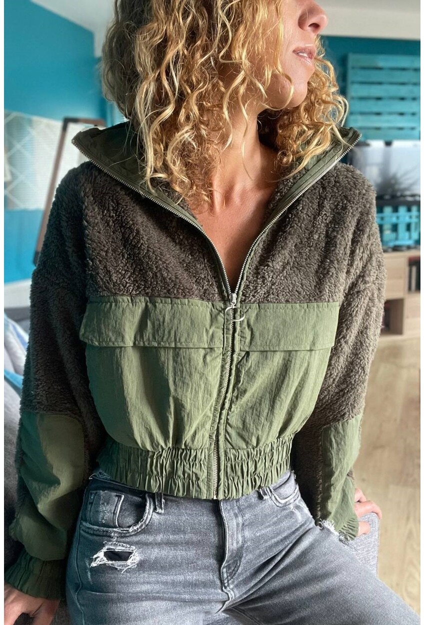 Kadın Haki Peluş Garnili Fermuarlı Kanguru Cep Crop Mont Xt2