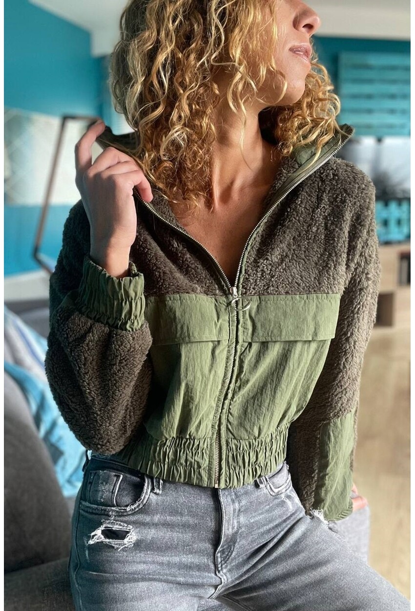 Kadın Haki Peluş Garnili Fermuarlı Kanguru Cep Crop Mont Xt2