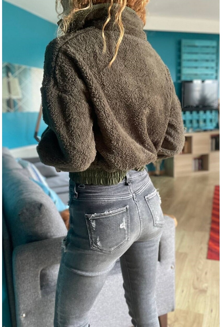 Kadın Haki Peluş Garnili Fermuarlı Kanguru Cep Crop Mont Xt2