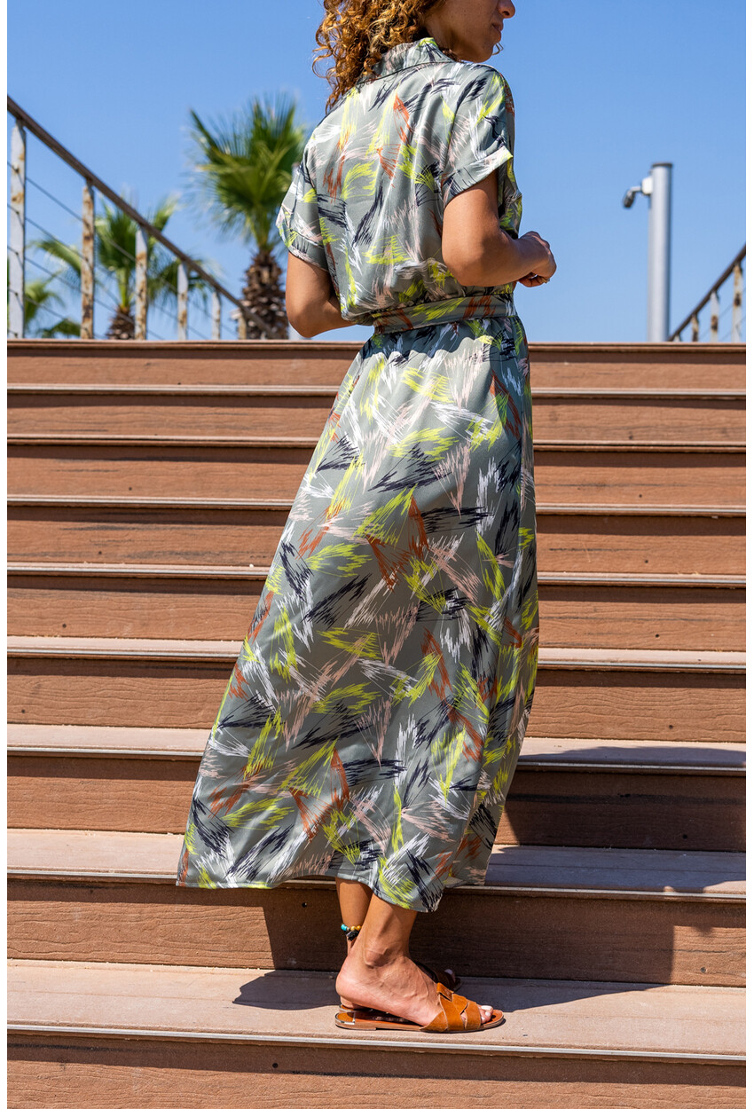 Womens Khaki Satin Elastic Waist Half Pleated Long Dress BST3232