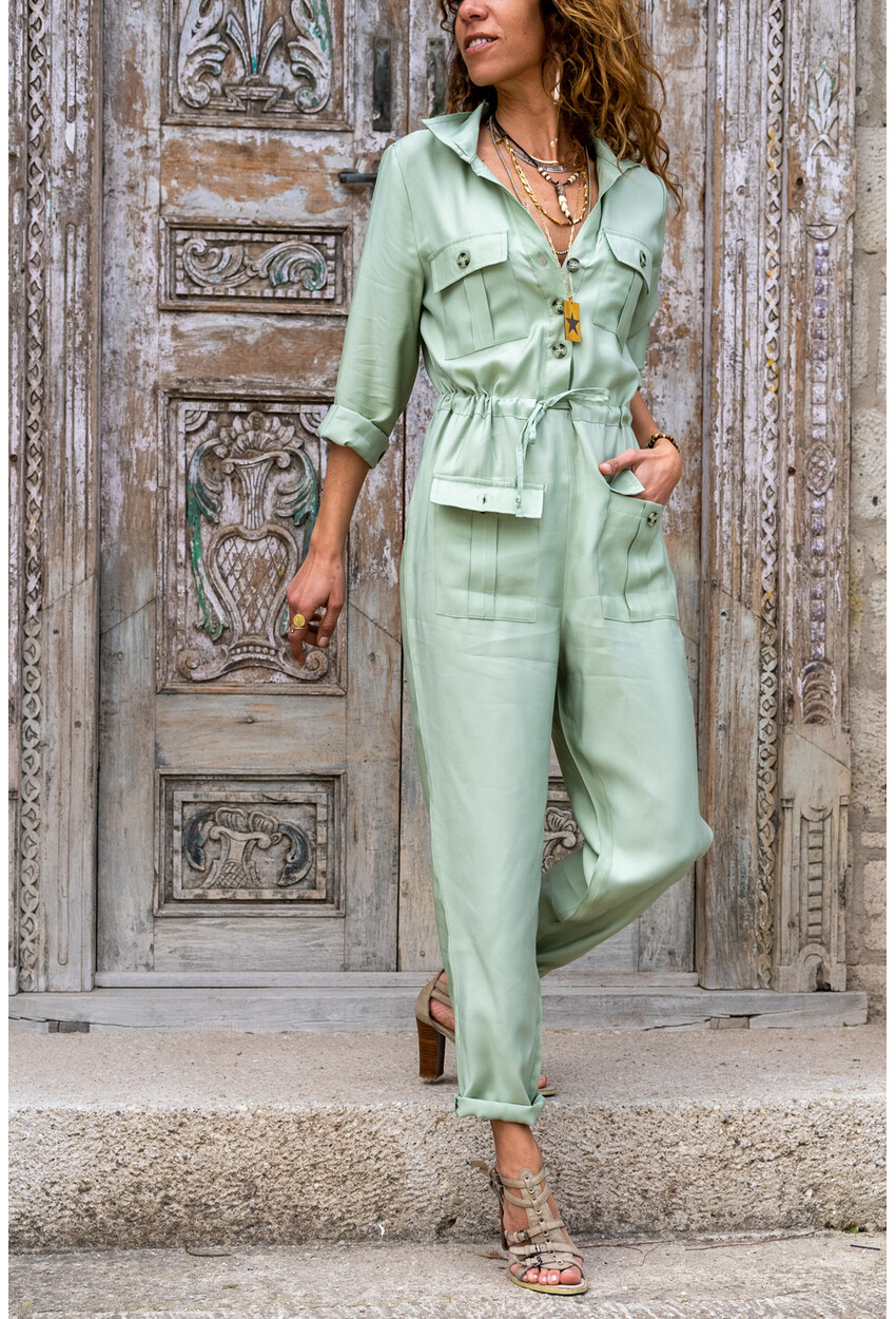 Kadın Haki Tencel Cepli Kemerli Safari Tulum BST3164YN