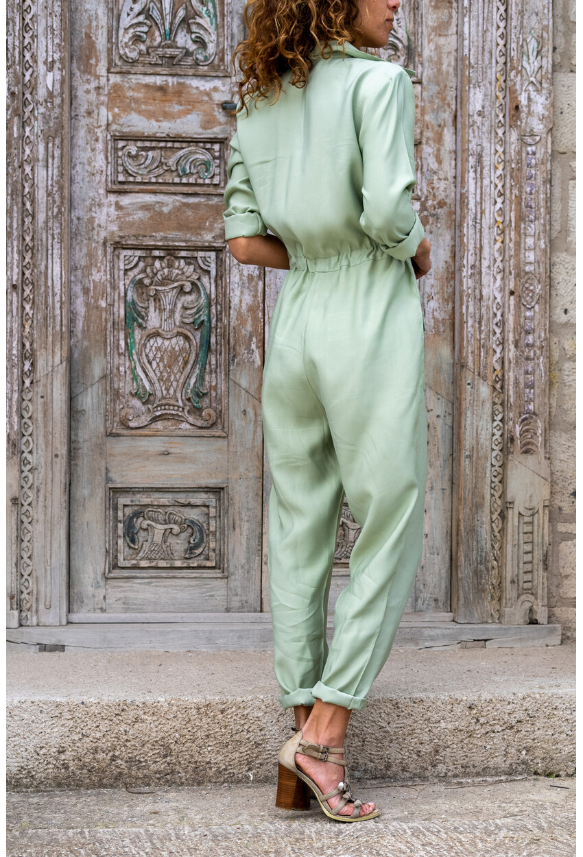 Kadın Haki Tencel Cepli Kemerli Safari Tulum BST3164YN