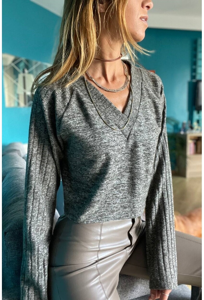 Kadın Haki V Yaka Kendinden Dokulu Raglan Kol Crop Kazak Bst3327