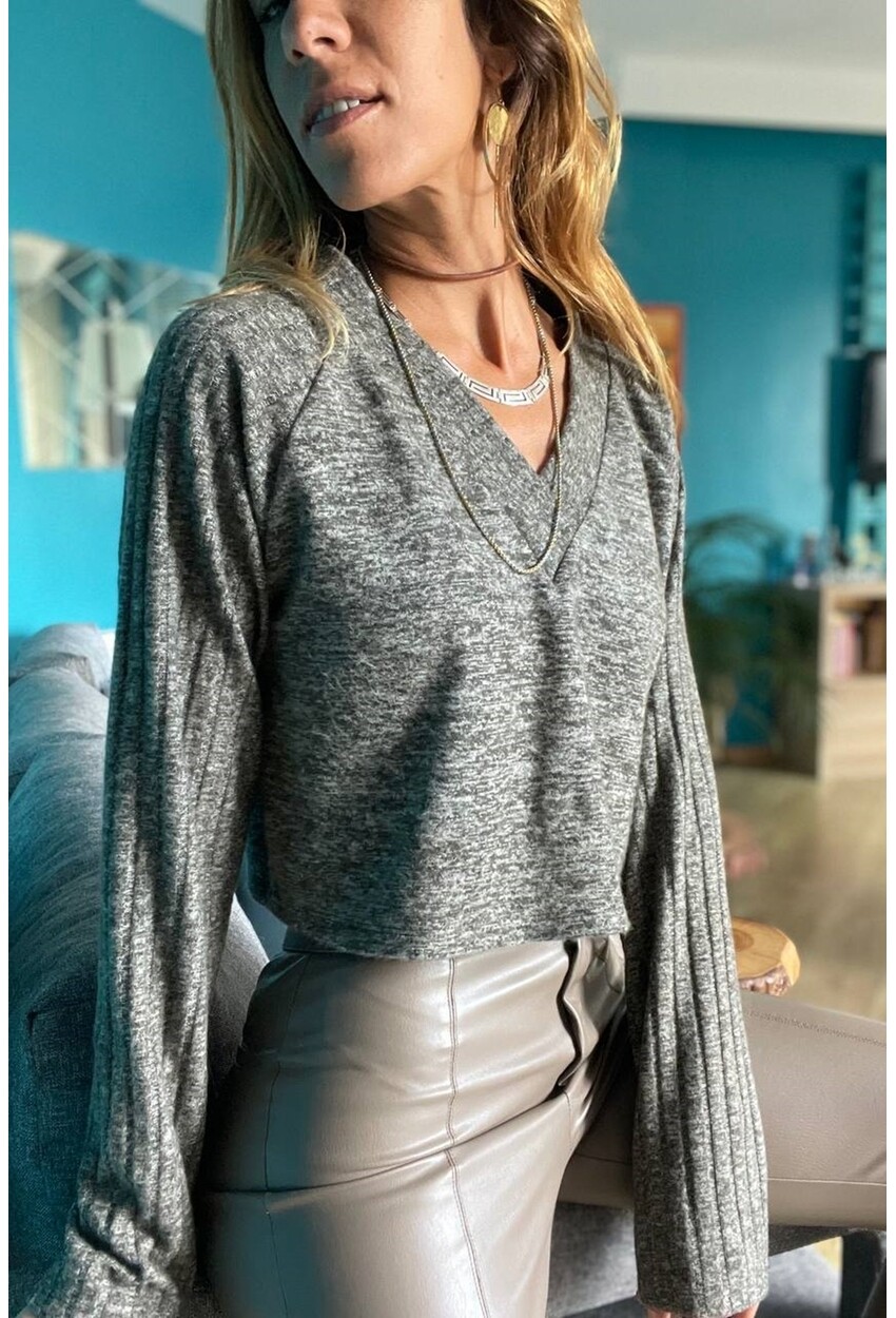Kadın Haki V Yaka Kendinden Dokulu Raglan Kol Crop Kazak Bst3327