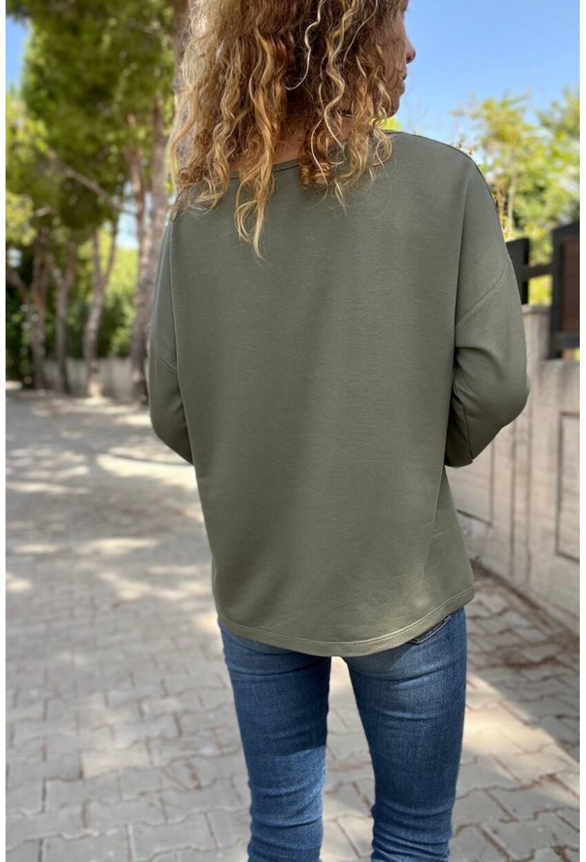 Kadın Haki Yakası Yırtmaçlı Duble Kol Salaş Sweatshirt Bst3470