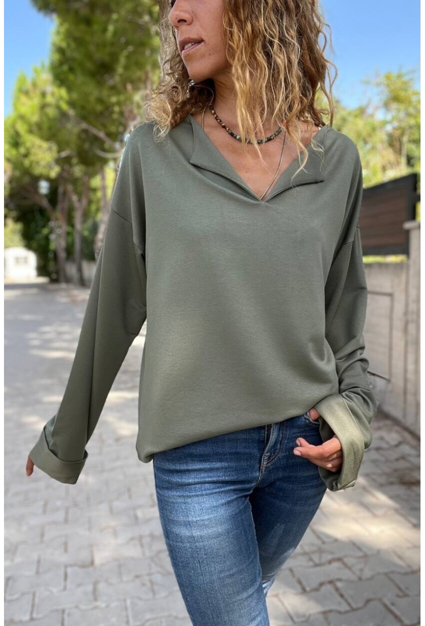 Kadın Haki Yakası Yırtmaçlı Duble Kol Salaş Sweatshirt Bst3470