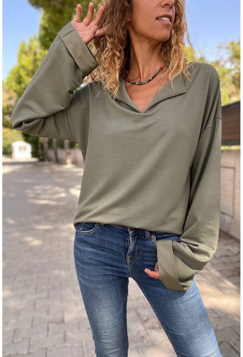 Kadın Haki Yakası Yırtmaçlı Duble Kol Salaş Sweatshirt Bst3470
