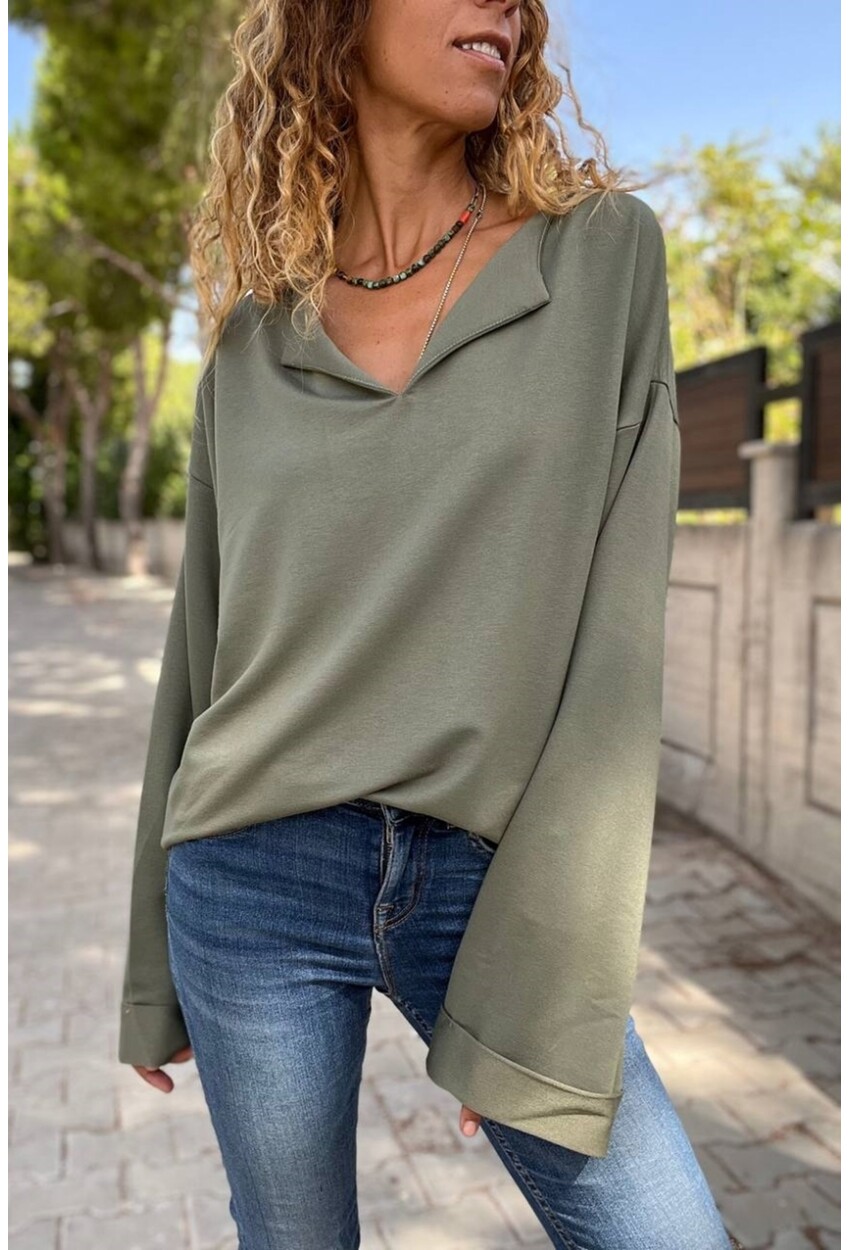 Kadın Haki Yakası Yırtmaçlı Duble Kol Salaş Sweatshirt Bst3470