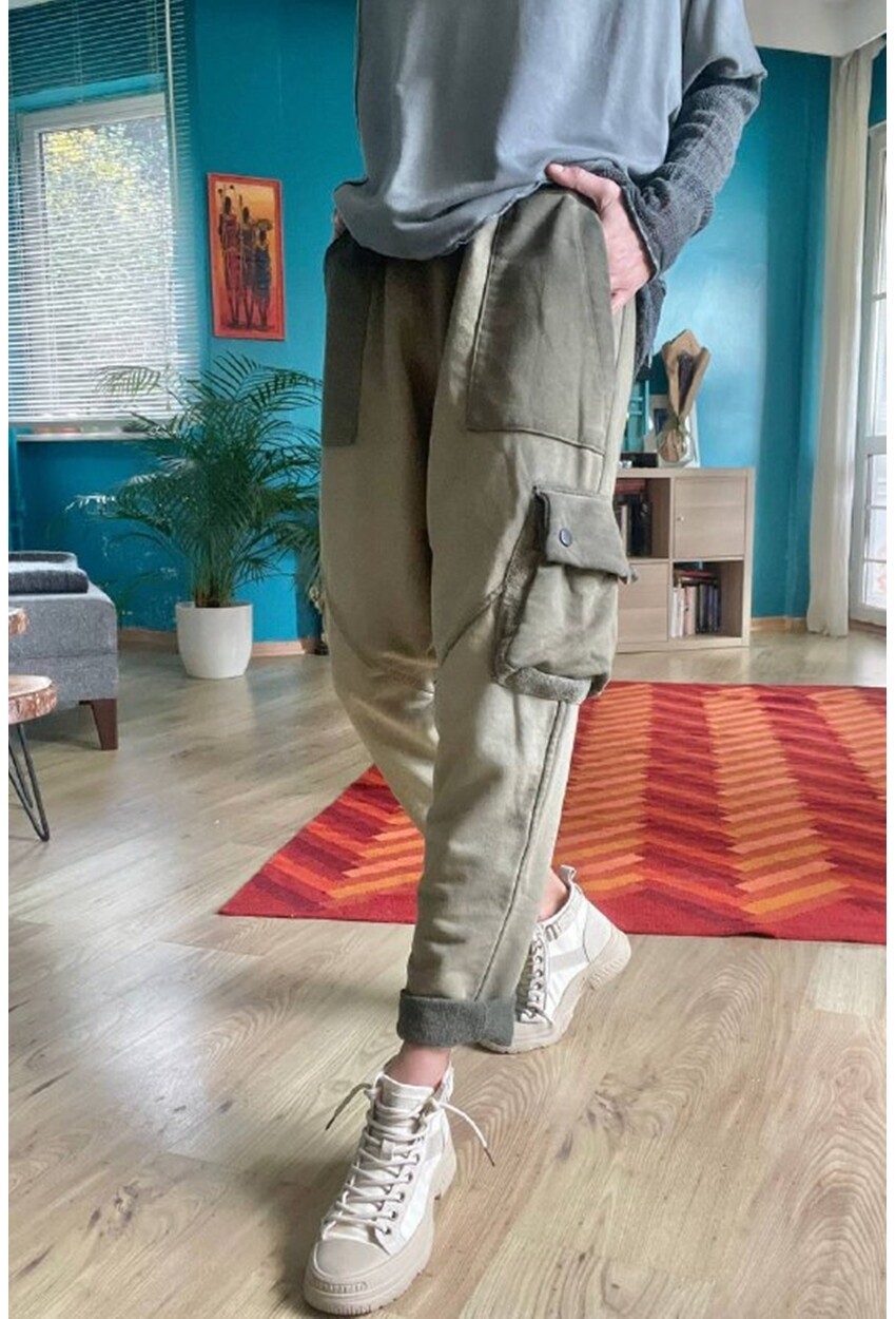 Kadın Haki Yıkamalı Beli Lastikli Cepli Salaş Şalvar Pantolon Rsd3061
