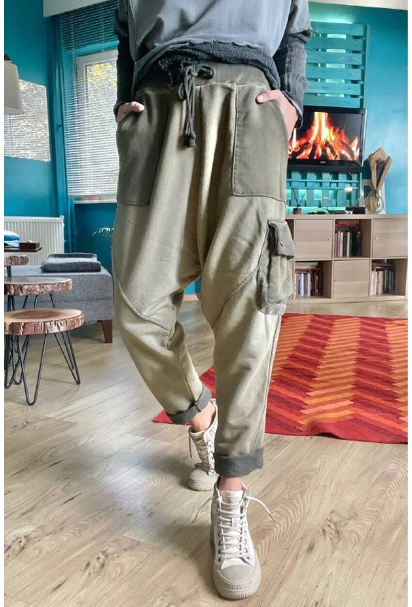 Kadın Haki Yıkamalı Beli Lastikli Cepli Salaş Şalvar Pantolon Rsd3061