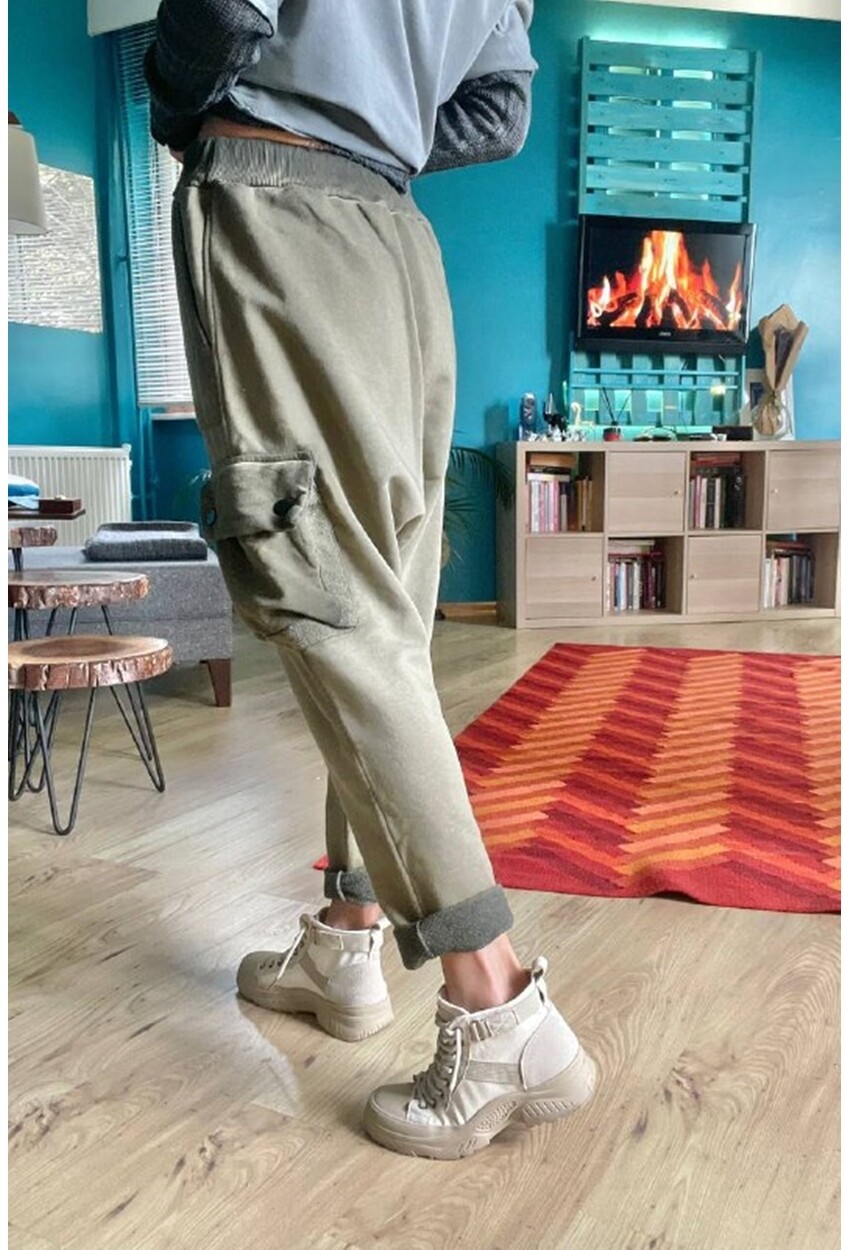 Kadın Haki Yıkamalı Beli Lastikli Cepli Salaş Şalvar Pantolon Rsd3061