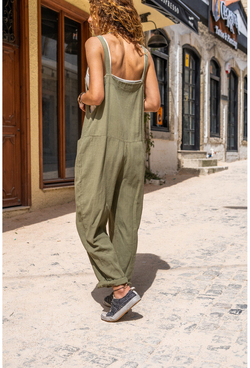 Womens Khaki Washed Linen Pocket Loose Rompers Gk-Rsd3012