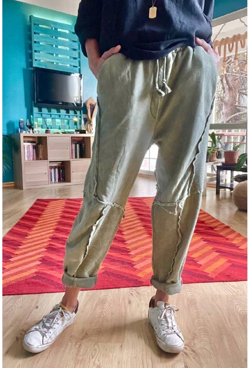 Kadın Haki Yıkamalı Lazer Dikişli Cepli Beli Lastikli Salaş Oversize Pantolon Rsd3058