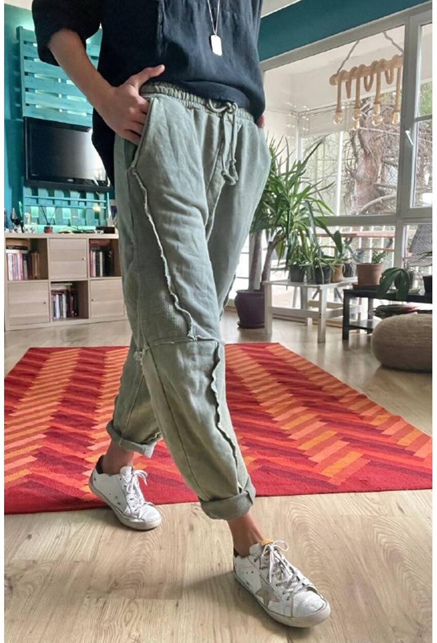 Kadın Haki Yıkamalı Lazer Dikişli Cepli Beli Lastikli Salaş Oversize Pantolon Rsd3058